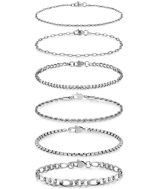 Honsny 6PCS Stainless Steel Bracelets for Women Men,14K Gold Plated Cuban Link Paperclip Chain Bracelet Dainty 6.3/7/7.8/9.5 Inch Stainless Steel Bracelet Set Fashion Jewelry