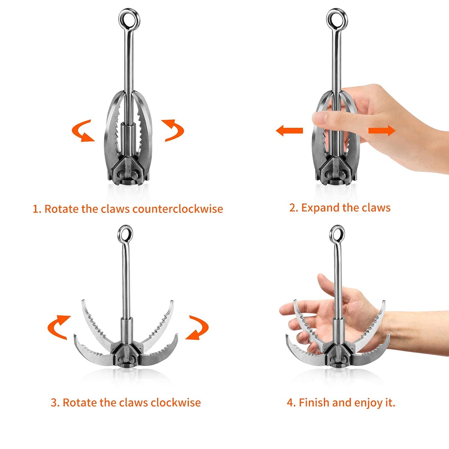 Ant Mag Grappling Hook Stainless Steel Claw Carabiner with 20m/65ft 8mm Auxiliary Black Rope for Camping Hiking Tree Grabbing and Water Lifting Salvage