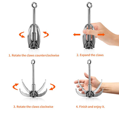 Ant Mag Grappling Hook Stainless Steel Claw Carabiner with 20m/65ft 8mm Auxiliary Black Rope for Camping Hiking Tree Grabbing and Water Lifting Salvage