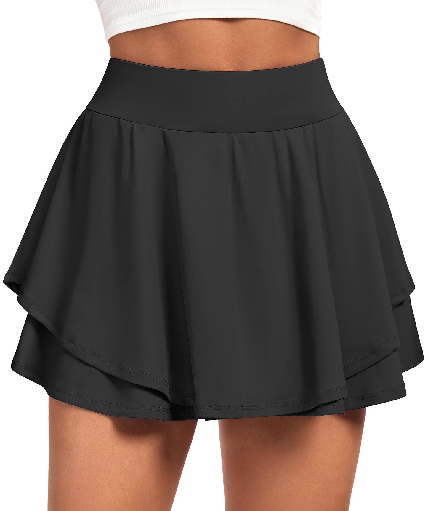 IUGA Tennis Skirt Pleated Skorts for Woman Double Ruffle Golf Skirts for Women Skort with Pockets Tummy Control Athletic Black