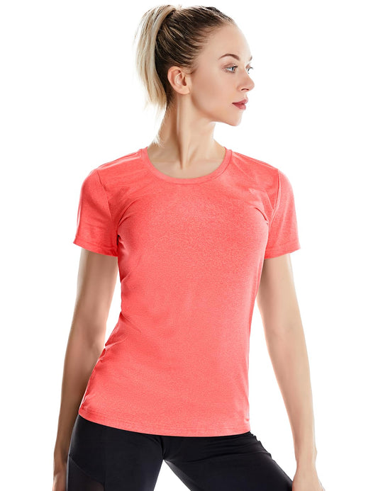 Athletic Shirts for Women Dry Fit Lightweight Short Sleeve(Fiery Coral Heather,S)