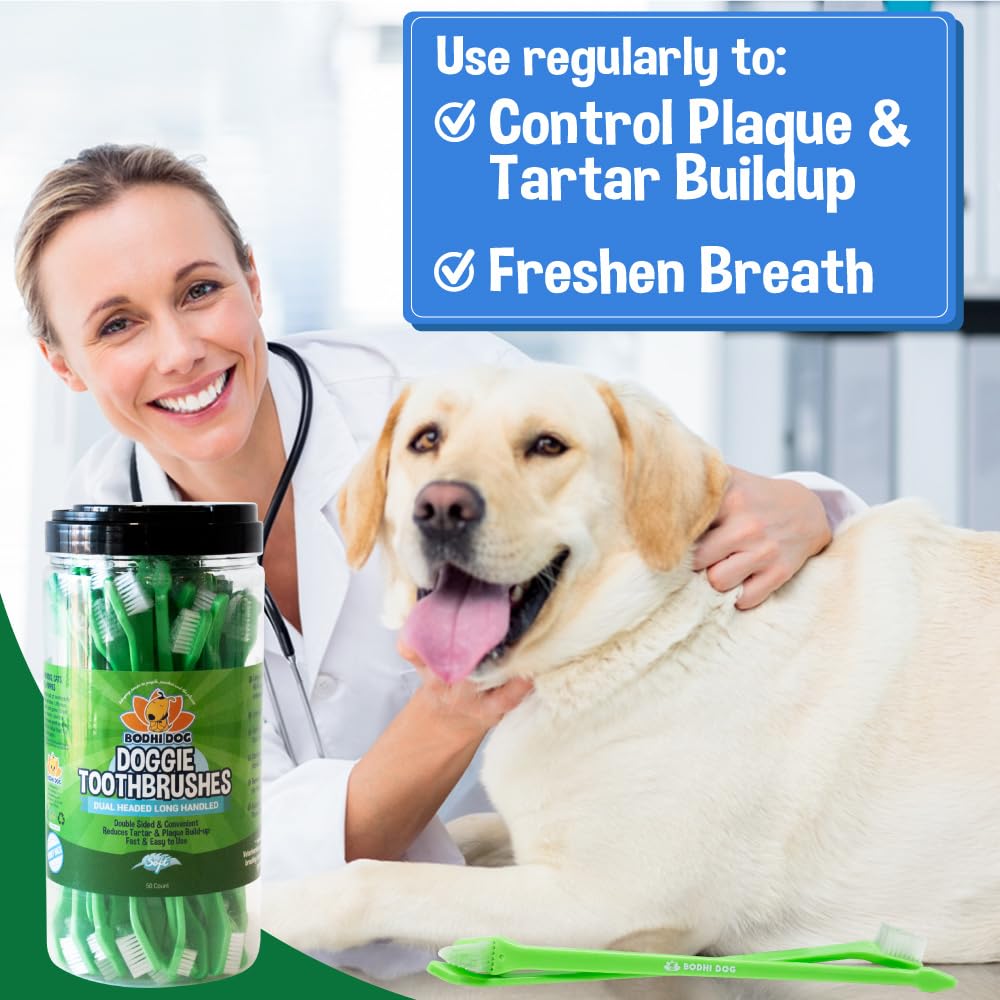 Bodhi Dog Dual-Headed Toothbrush for Dogs & Cats - Soft Bristles for Gentle Pet Dental Care - Puppy & Adult Teeth Cleaning - Easy-to-Use Design for Healthy Gums & Fresh Breath (50 Count)