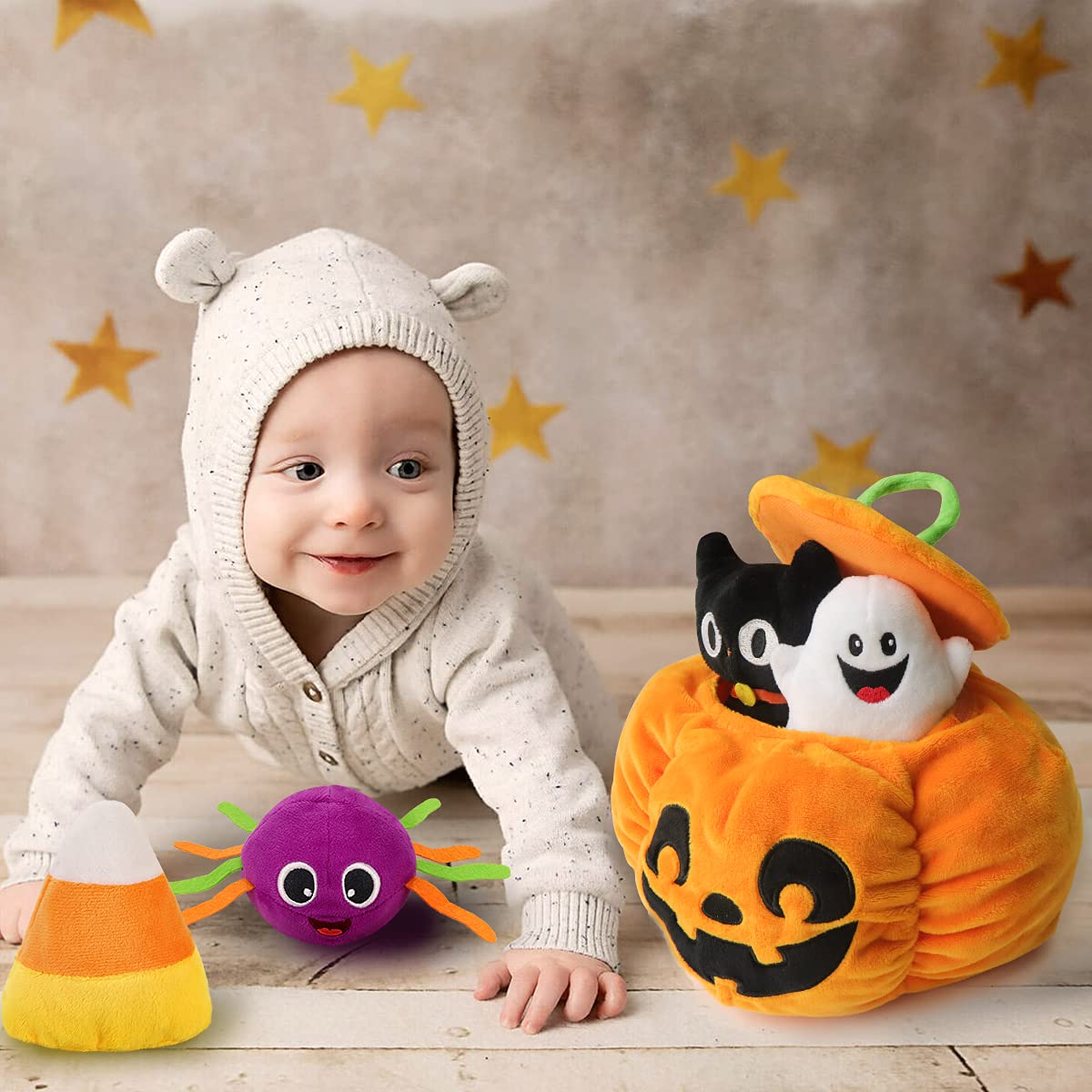 Bunny Chorus My First Halloween Pumpkin Toys Playset, 5ct Halloween Stuffed Pumpkin Plush Cat Spider Ghost Candy Corn for Baby Girls Boys, for Babies