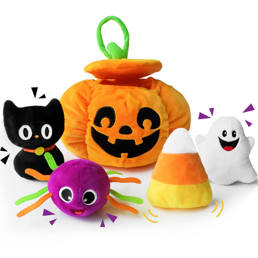Bunny Chorus My First Halloween Pumpkin Toys Playset, 5ct Halloween Stuffed Pumpkin Plush Cat Spider Ghost Candy Corn for Baby Girls Boys, for Babies