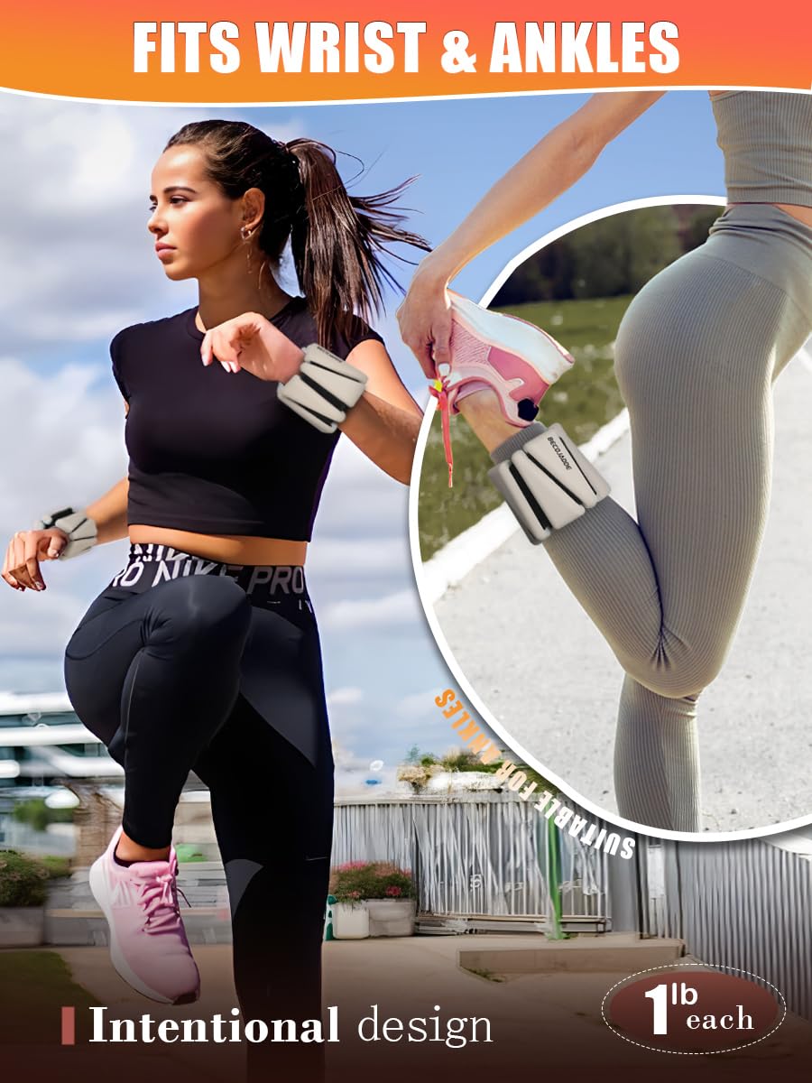 BECOJADDE Ankle Weights for Women Set of 2 (2 lb Each) Adjustable Wrist Weights Training Intensity for Strength Training Walking Running Yoga Pilates Jogging for Women Men, Pewter Beige