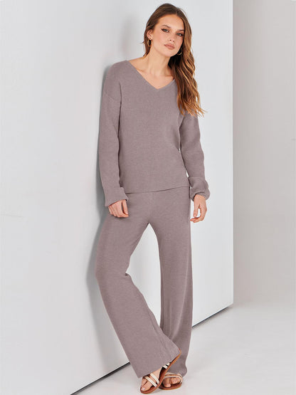 ANRABESS Women 2 Piece Outfits Sweater Lounge Sets Long Sleeve Cable Knit Pullover and Wide Leg Pants Tracksuit Matching Set Medium