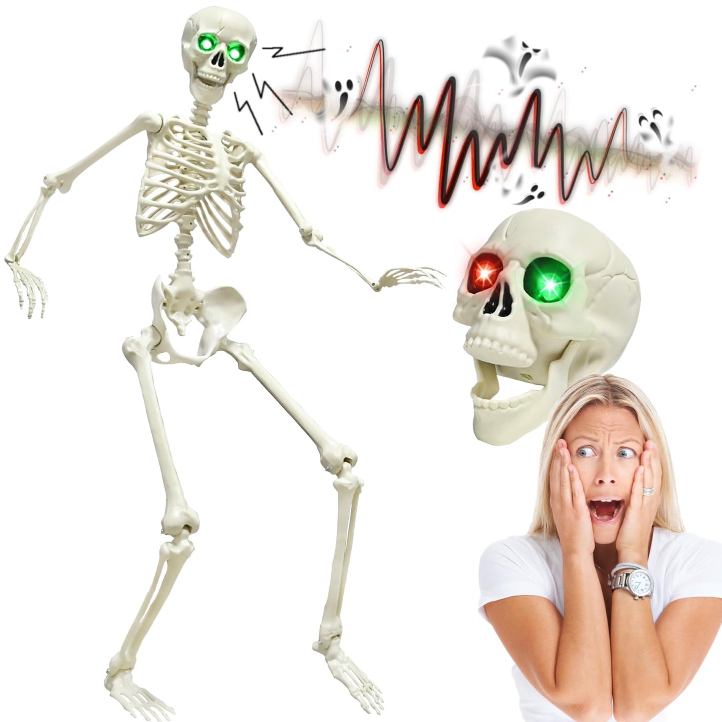 CAMIRUS 5.4FT Full Size Halloween Skeleton, Life Size Posable Skeleton with Glowing Eyes Scary Sound, Plastic Skeleton with Movable Joints for Halloween Decoration
