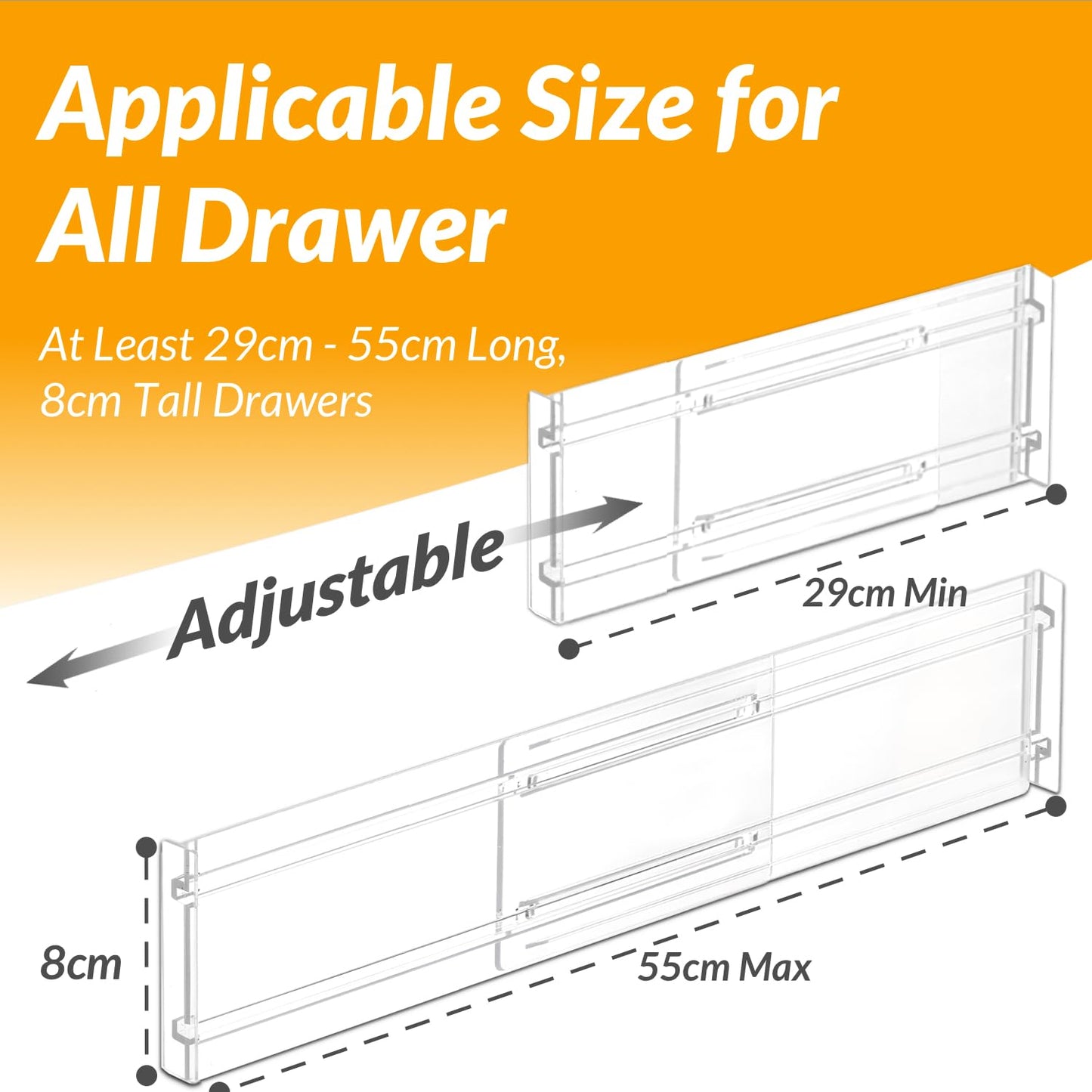 Hormes Drawer Dividers, 9 Pack Adjustable Clear Drawer Organisers, Expandable 29–55cm and 8cm High Drawers Separators for Bedroom Clothing, Kitchen Utensils, Bathroom & Office Organization and Storage
