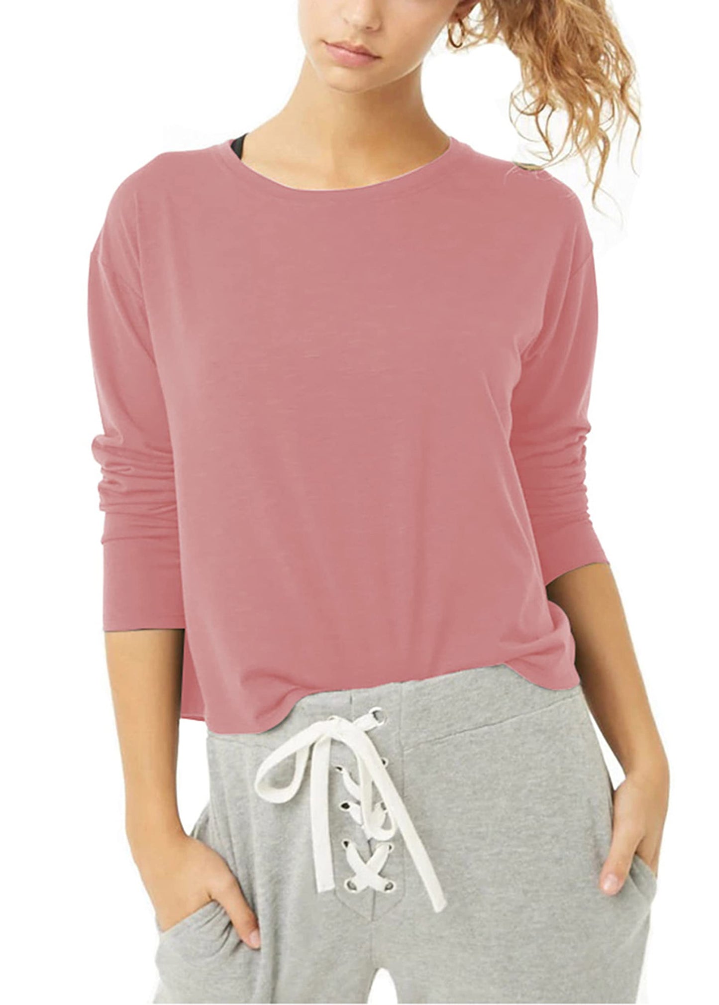 Bestisun Long Sleeve Workout Clothes Open Back Athletic Shirts Backless Yoga Tops for Women Pink M