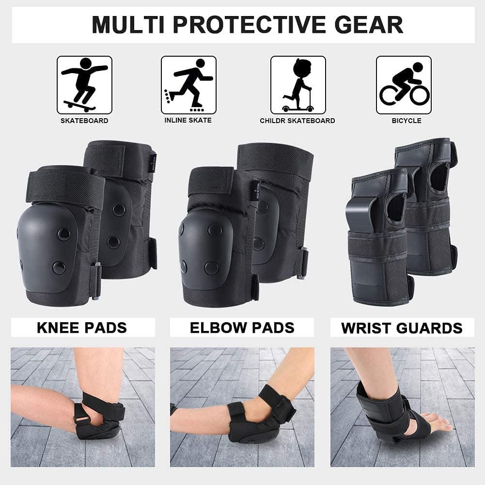 Adult Knee Pads Elbow Pads Wrist Guards for Adult Kids 6 in 1 Protective Gear Set for Skateboarding Biking Roller Skating Cycling Outdoor Sports Black L