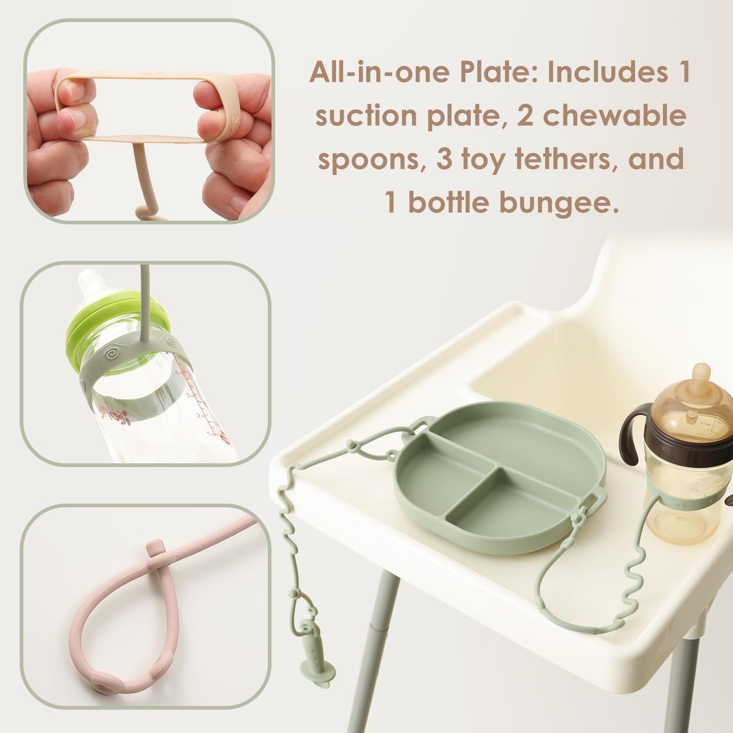 Andy Bear Silicone Plates for Babies with Suction Divided Baby Spoons Silicone Baby Toy Straps All-in-one Plates Silicone Placemat for Babies Toddlers Attachable Tethers & Built-in Suction Cups-Sage