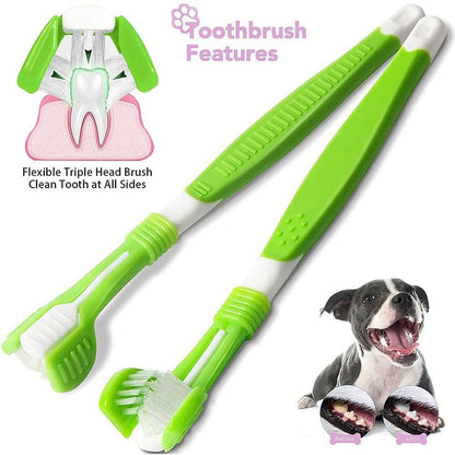 AZOFFYIU Triple Head & Double Head Dog Toothbrush Set, Finger Rubber Toothbrush, Multi-Angle Dental Cleaning Brushes for Cat Oral Health