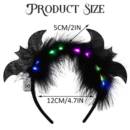 CAKURE Light Up Halloween Headband Led Black Feather Headpiece Glowing Bats Hairbands Nightclub Festivel Party Headwear Rave Hair Accessories