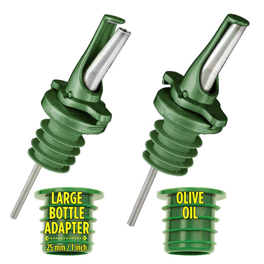 AIRTIGHT Olive Oil Pour Spout for Olive Oil Dispenser - UK Patented Oil Pourer - Hygienic One Handed Open Close Mechanism Keeps Oil Fresh. Dust Caps Cover | Screens Alternative - Green 2 PCs