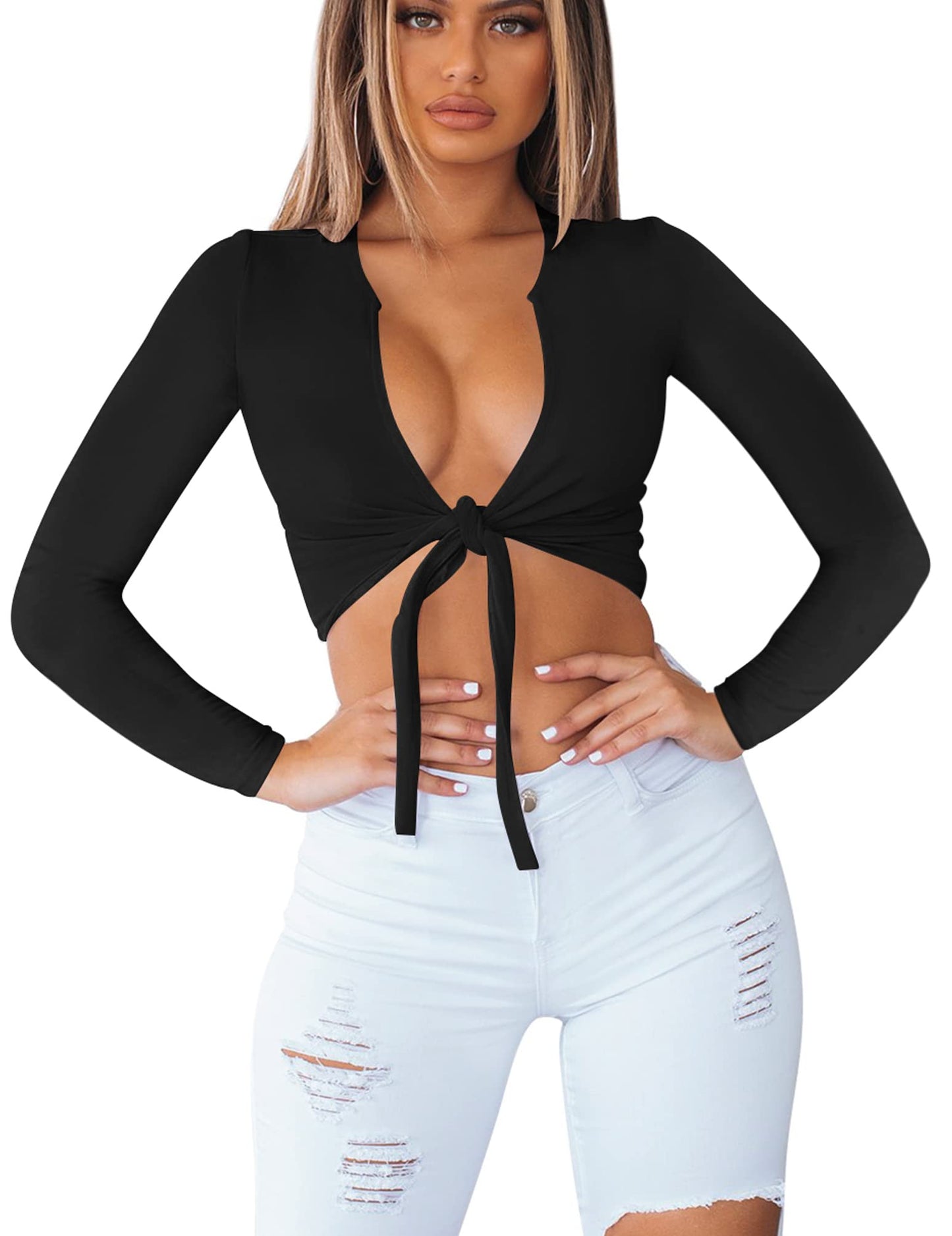 BORIFLORS Women's Sexy Tie Up Crop Top Long Sleeve Deep V Neck Casual Basic T Shirt,X-Small,Black