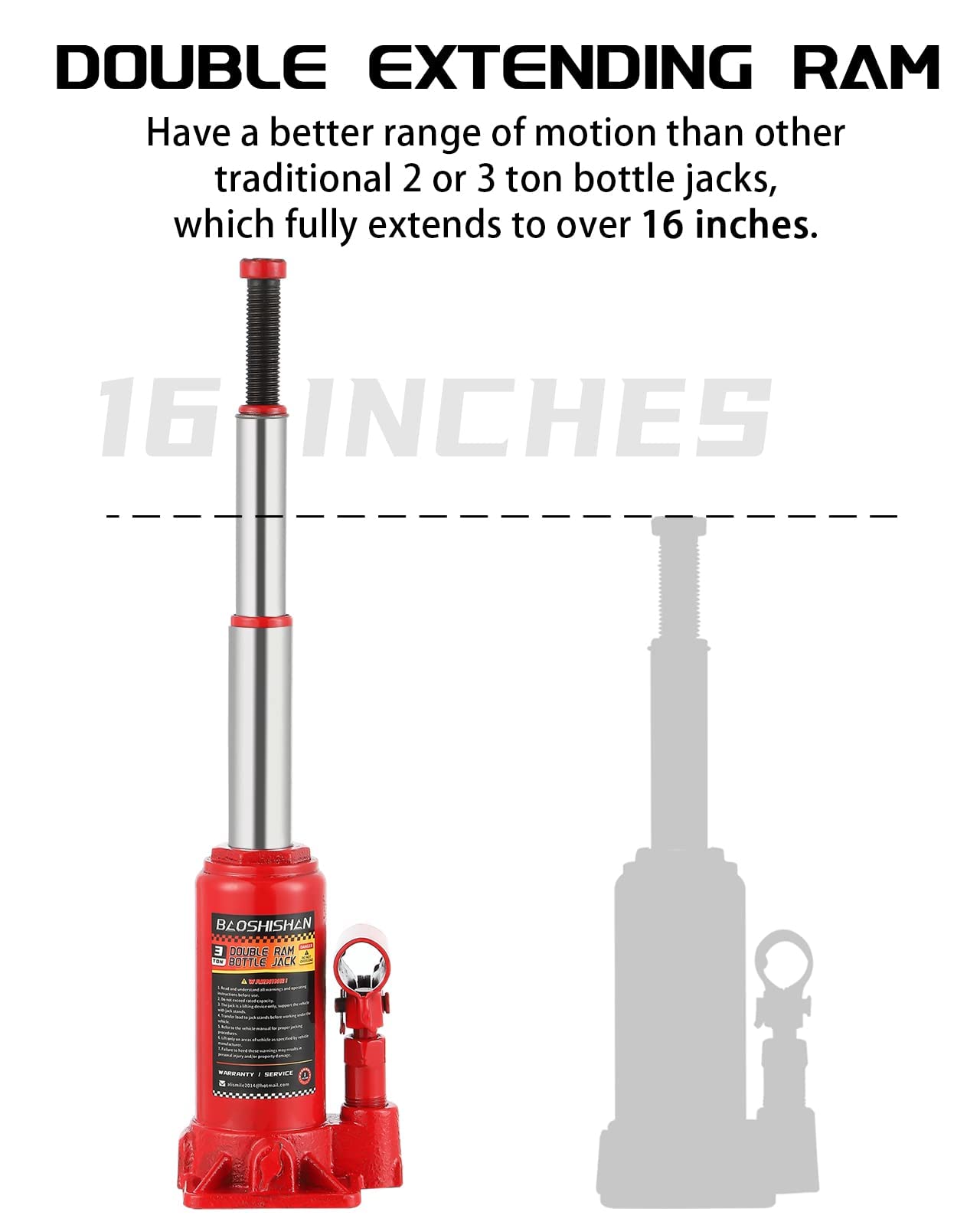 BAOSHISHAN 3 Ton Double Ram Bottle Jack 6-1/2" to 16-1/2" Lifting Range Portable Hydraulic Bottle Jack with Carrying Case