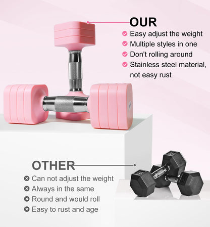 20LBS Adjustable Dumbbell Set for Women Men, 4 in 1 Free Weights Dumbbells Set Hand Weights Set Adjust Dumbbell Weight Set for Home Gym Exercise Workout Strength Training Equipments, Pink