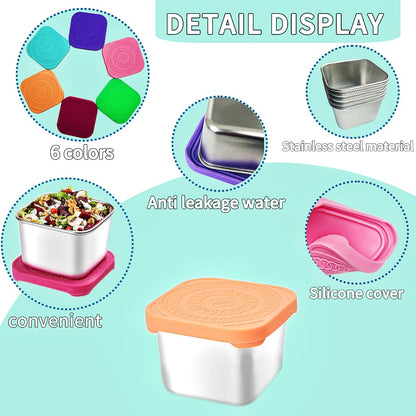 HTEVW 6Pack 6oz Stainless Steel Snack Containers for Kids, Easy Open Leak Proof Metal Toddler Snack Containers with Silicone Lids, Stackable Metal Toddler Lunch Box for Daycare, School and Travel