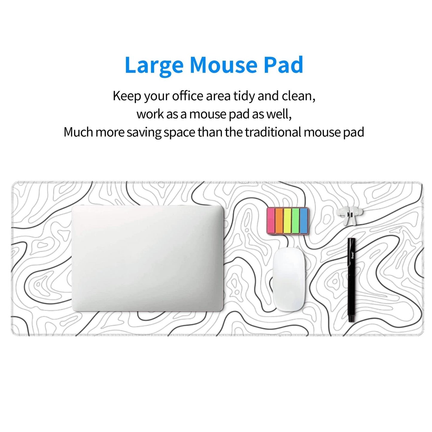 Abstract Topographic Map White Grey Black Gaming Mouse Pad Long Mouse Pad Large Desk Mat 31.5 X 11.8 Inch Mousepad with Non-Slip Base Stitched Edge Keyboard Mat for Gaming Office