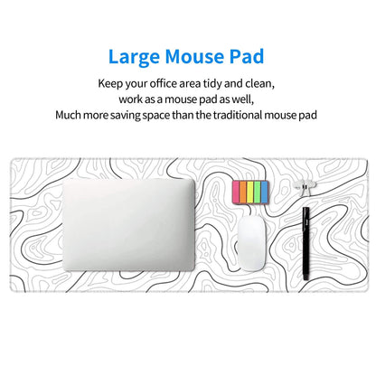 Abstract Topographic Map White Grey Black Gaming Mouse Pad Long Mouse Pad Large Desk Mat 31.5 X 11.8 Inch Mousepad with Non-Slip Base Stitched Edge Keyboard Mat for Gaming Office