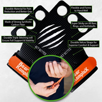 Bear KompleX 3 Hole Carbon Hand Grips for Weight Lifting, Cross Training and Gymnastics, Durable Workout Grips with Wrist Wraps, Comfortable Lifting Straps & Workout for Gymnastic Bars