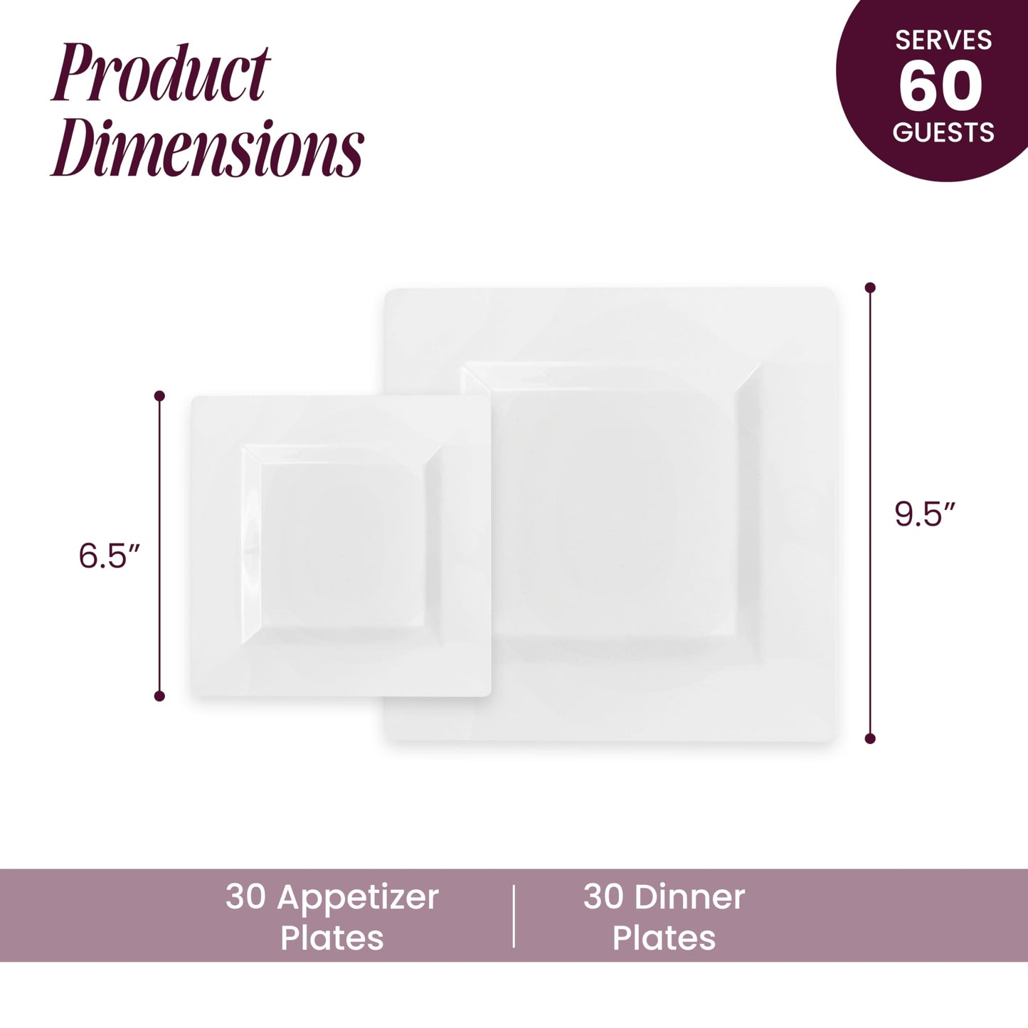 Aya's 60ct White Square Disposable Plates - Heavy Duty Plastic Party Plates for Christmas, Thanksgiving (30 Dinner & 30 Salad)