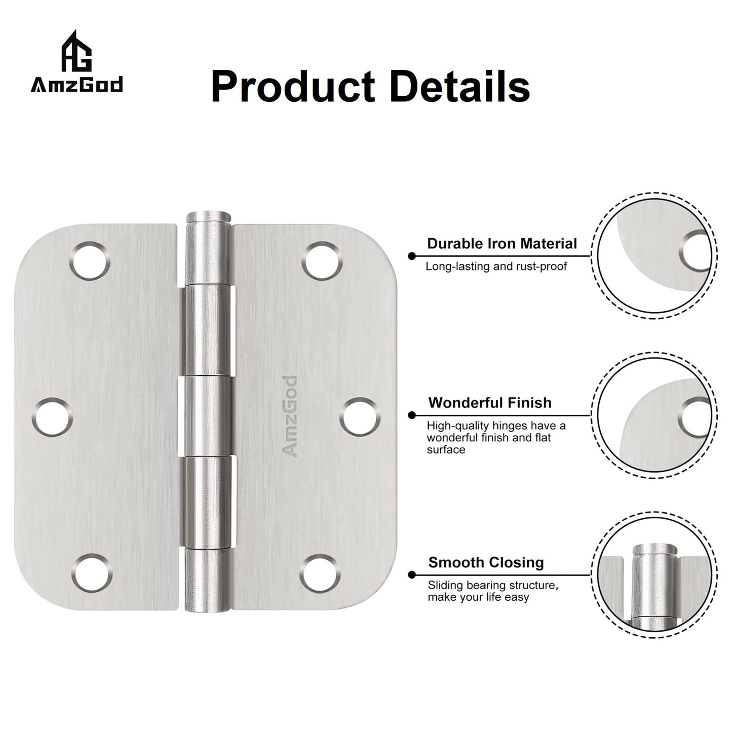 AmzGod Door Hinges Brushed Nickel - 3 Pack Satin Nickel 3.5 Inch Rounded Interior Door Hinges with 5/8" Radius - Flat Iron Residential Standard 3 1/2 Inches Silver Door Hardware