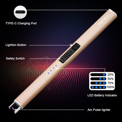 ARECTECH Electric Candle Lighter with Type-C Cable Birthday Gift for Man Women Wife Rechargeable Plasma Arc Lighters for Candle Camping Kitchen Stove Gold