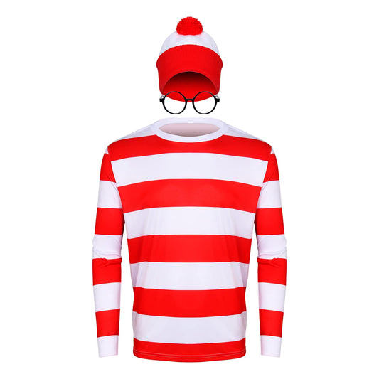 Adult Men Halloween Red and White Striped Long Sleeve Tee Shirt Glasses Hat Outfit Suit Set Funny Cosplay Sweatshirt Costume (XX-Large)