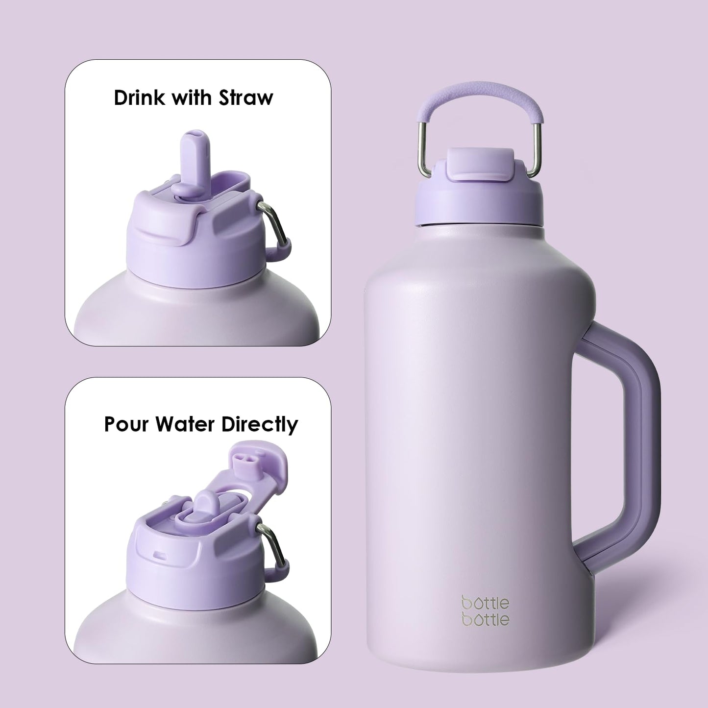 BOTTLE BOTTLE Insulated Water Bottle 64 oz with Straw and Dual-use Lid Stainless Steel Water Bottle with Handle Stainless Steel Jug for Workout Gym Soccer and More Sports purple