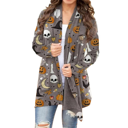 BOUTIKOME Women's Halloween Cat Pumpkin Cardigan Long Sleeve Open Front Knit Outwear Coat Plus Size Knitting Sweater Top(Gray, XL)