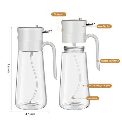 hoforife Glass Olive Oil Dispenser Bottle & Oil Sprayer Bottle 2 In 1 for Kitchen Cooking, Auto Flip Cap, 18oz White