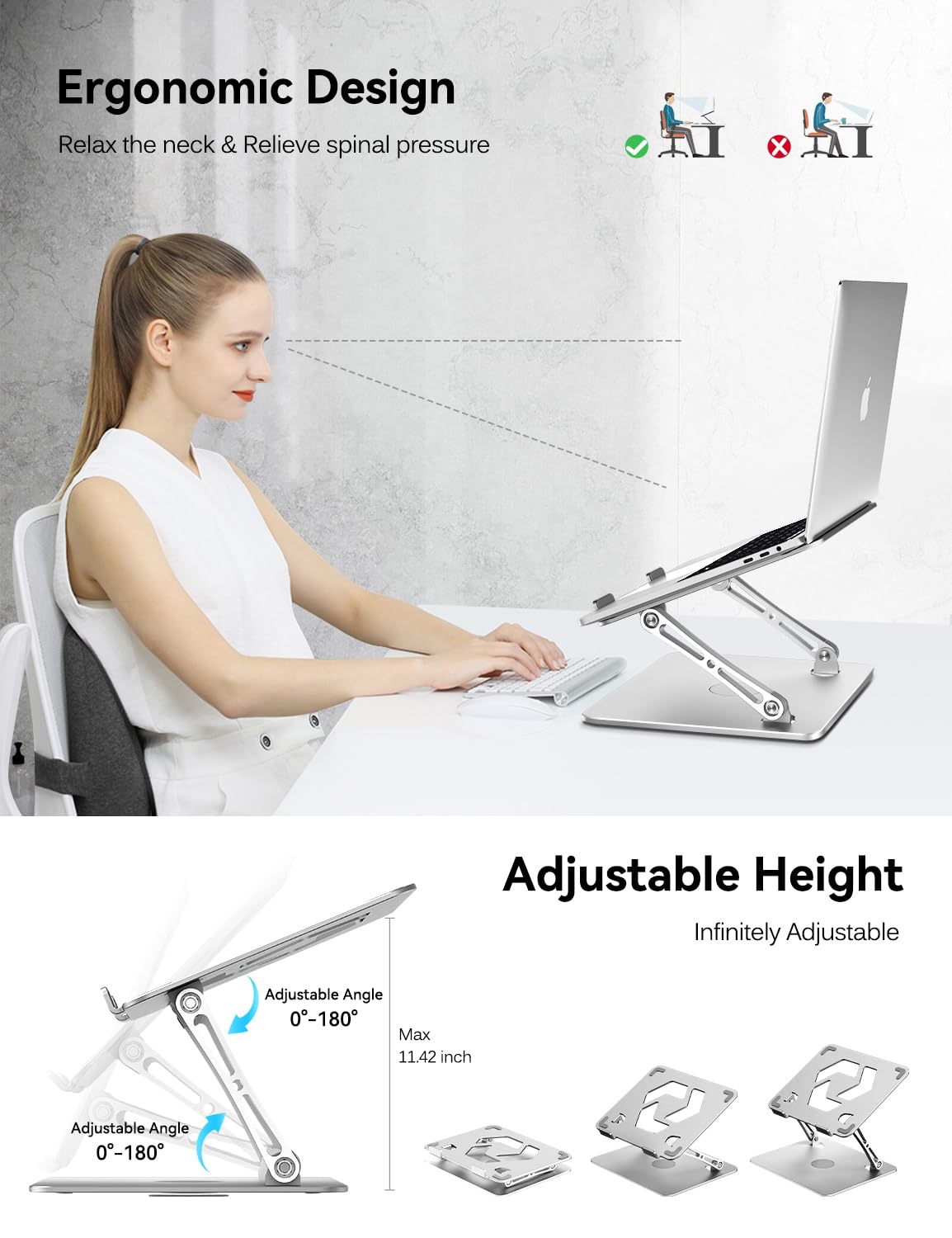 ivoler Adjustable Laptop Stand with 360° Rotating Base, Ergonomic Laptop Stand for Desk, Foldable & Portable Laptop Riser, for Collaborative Work, Fit MacBook Laptops up to 16 inches Silver