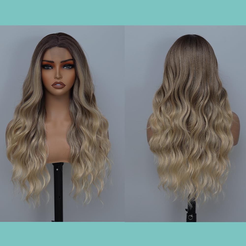 HMHIFI Long Ombre Blonde Wigs for Women 26 inch Long Wavy Middle Part Wig Ombre Blonde Wigs Upgraded Protein Fiber Hair Replacement Wig Cosplay Costume Halloween Wig(26'' Brown Ombre Blonde)