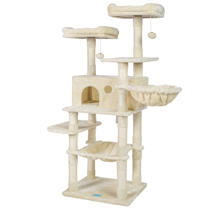 Hey-brother Cat Tree for Large Cats, Cat Tower with Scratching Posts, 2 Padded Plush Perches, Big Condo and Cozy Basket, Beige MPJ025M