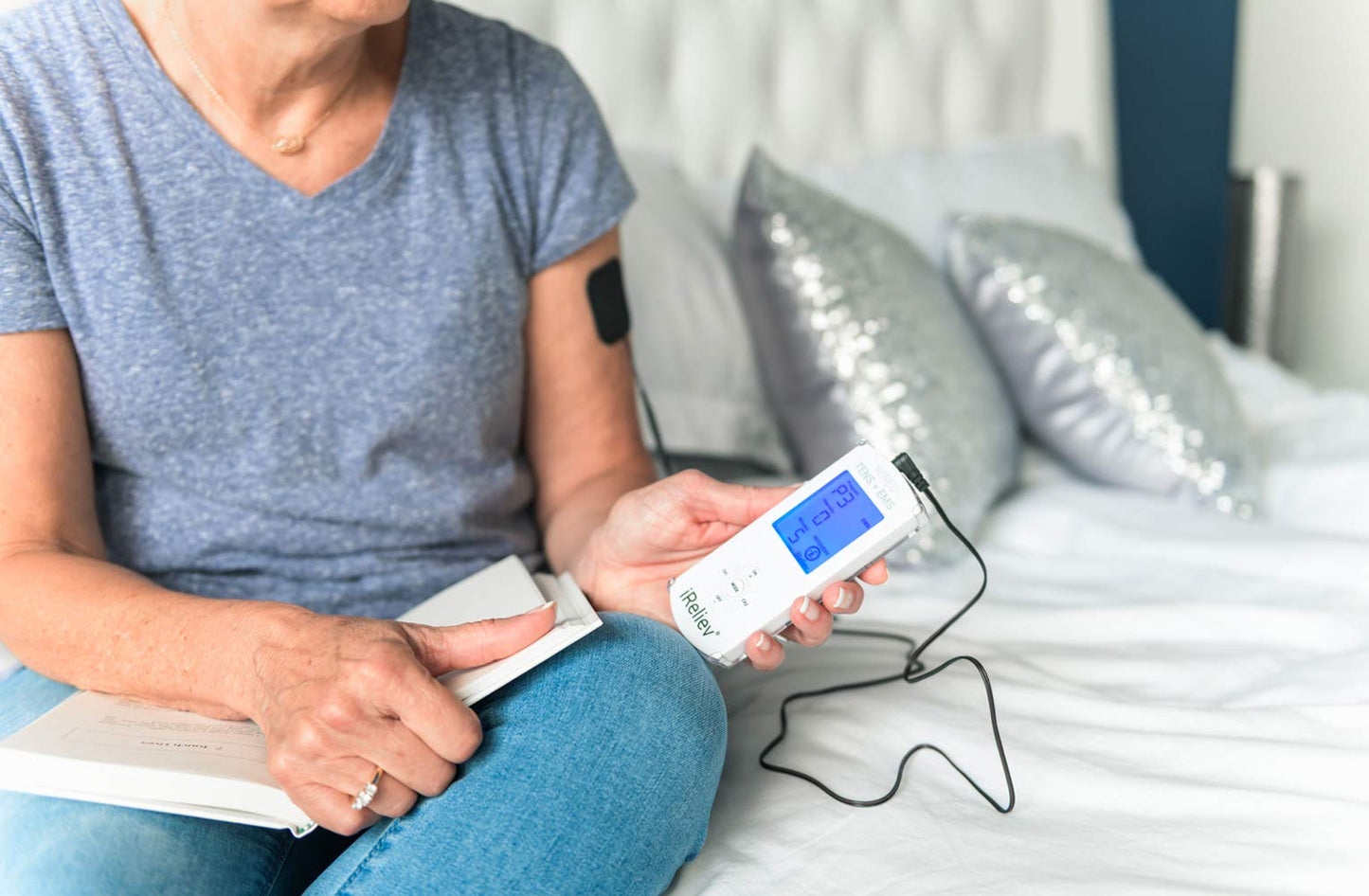 iReliev TENS Unit + EMS Muscle Stimulator Comes with 14 Therapy Modes, Premium Pain Relief and Recovery System, Rechargeable, Large Back Lit Display, Large and Small Electrode Pads