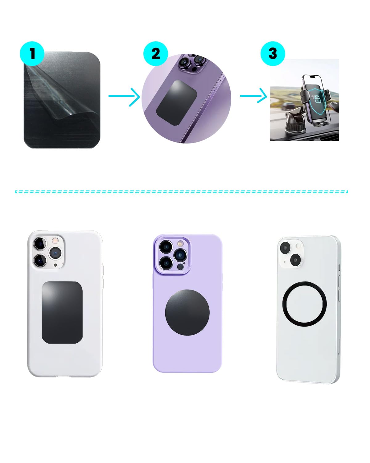 Adhesive Thin Metal Plates for Magnetic Mounts - Compatible with Phone Cases, Car Mounts, and Magnetic Holders (3 Rectangle & 3 Round & 4 Ring, Black)