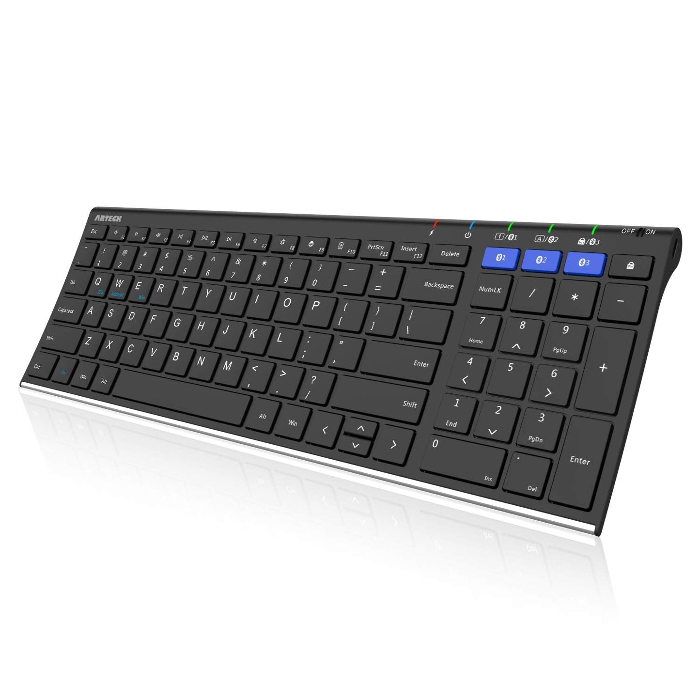 Arteck HB193 Universal Bluetooth Keyboard Multi-Device Stainless Steel Full Size Wireless Keyboard for Windows, iOS, Android, Computer Desktop Laptop Surface Tablet Smartphone Rechargeable Battery