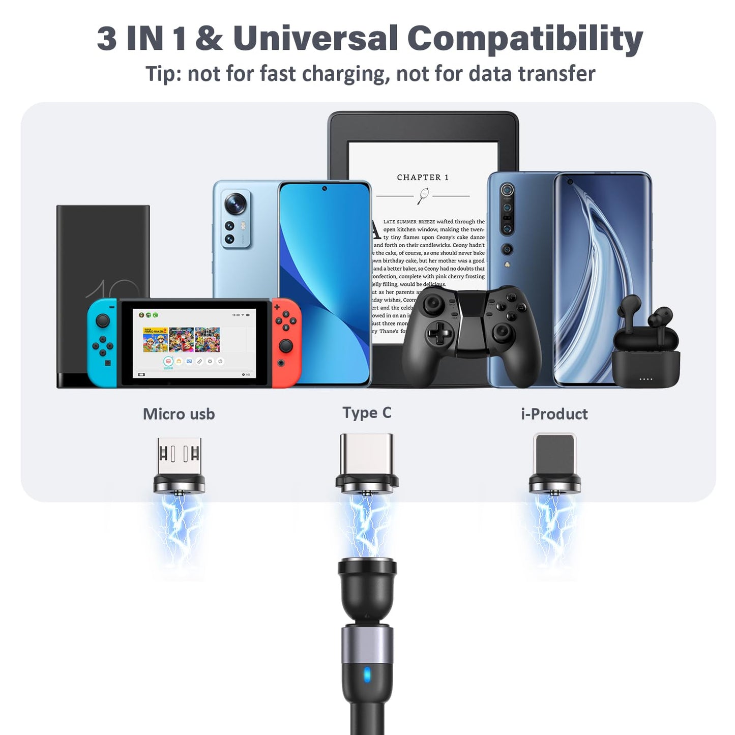 Aripps Magnetic Charging Cable 4 Pack (3.3ft/6.6ft/6.6ft/10ft), 540 Degree Rotating Magnet Phone Charger Cable, 3 in 1 Nylon Braided Magnetic USB Cable for Micro,Type C and iProduct Device