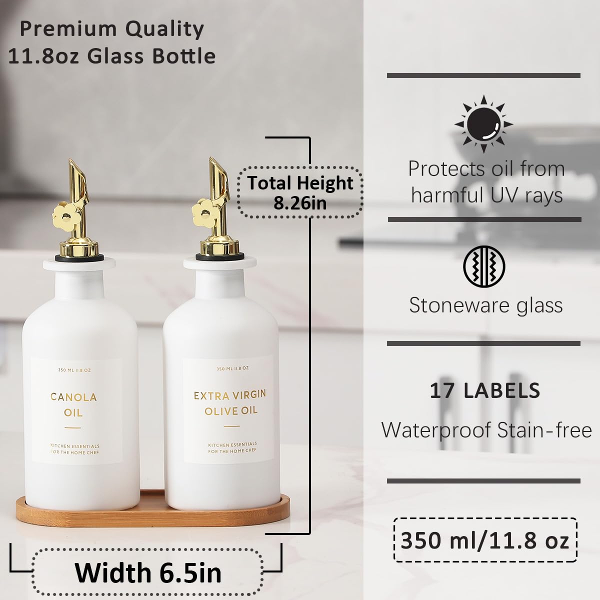 HOMCDALY Olive Oil Dispenser for Kitchen, 11.8oz Glass kitchen Dispenser Bottle, Gold Oil&Vinegar Cruet Set, Leakproof Oil Containers for Cooking| Set of 2 (11.8oz – Gold)