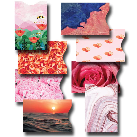 8 RFID Blocking Sleeves, Anti-Theft Credit Card Holder, Credit Card Protector, Easy to Recognize, Different Designs and Arts, Red and Pink, Sturdy and Perfect size for cards