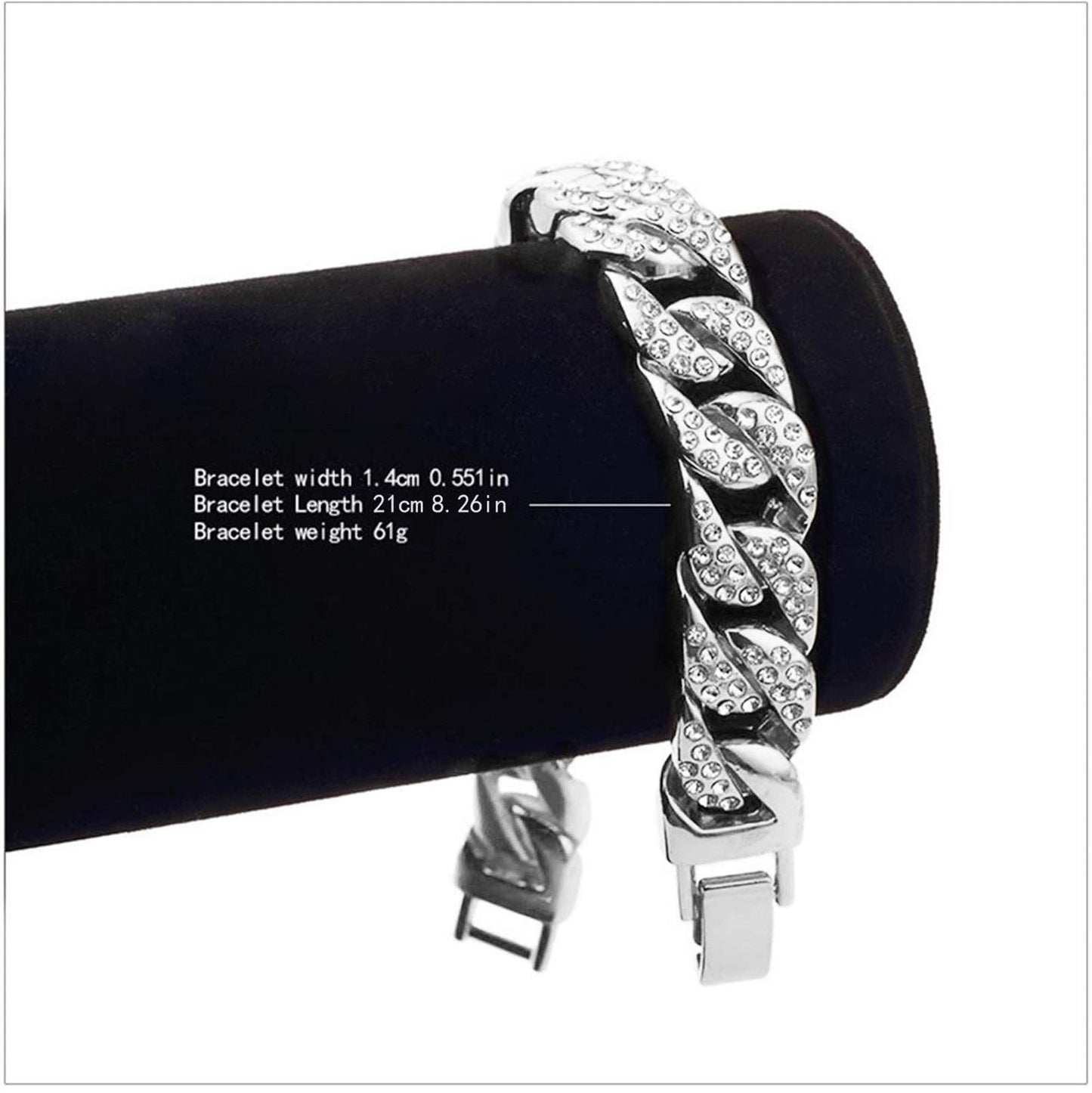 Aiyo Nice Mens Womens Cuban Link Bracelet Hip Hop Bracelet Stainless Steel Chain Bracelet Iced Out Curb Cuban 18k Gold Plated Bracelet With Clear Rhinestones (A-Silver)