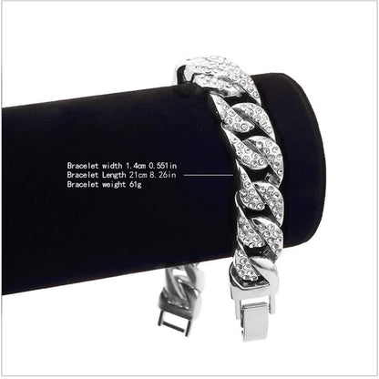 Aiyo Nice Mens Womens Cuban Link Bracelet Hip Hop Bracelet Stainless Steel Chain Bracelet Iced Out Curb Cuban 18k Gold Plated Bracelet With Clear Rhinestones (A-Silver)