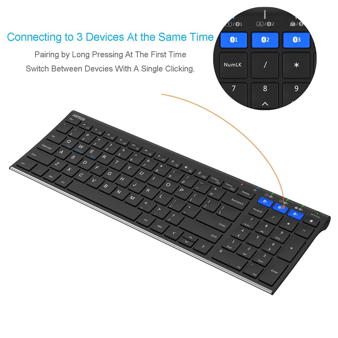 Arteck HB193 Universal Bluetooth Keyboard Multi-Device Stainless Steel Full Size Wireless Keyboard for Windows, iOS, Android, Computer Desktop Laptop Surface Tablet Smartphone Rechargeable Battery