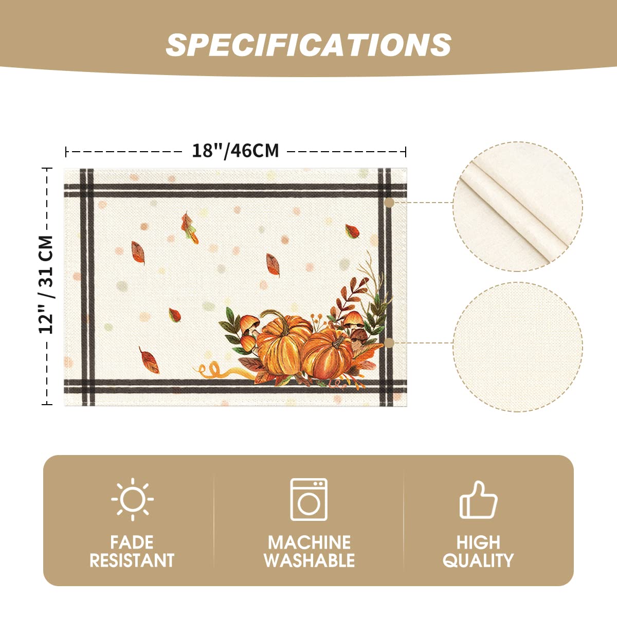 Artoid Mode Pumpkins Mushrooms Leaves Placemat for Dining Table, 12 x 18 Inch Fall Autumn Harvest Holiday Rustic Vintage Washable Table Mat Set of 4