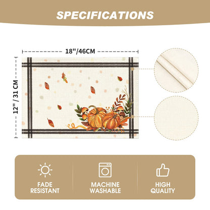 Artoid Mode Pumpkins Mushrooms Leaves Placemat for Dining Table, 12 x 18 Inch Fall Autumn Harvest Holiday Rustic Vintage Washable Table Mat Set of 4