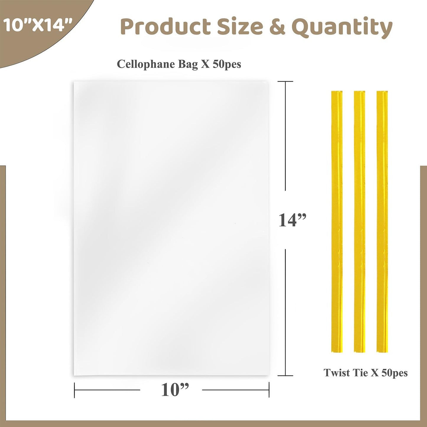 WIKDAY Cellophane Bags 50 PCS 10x14 Inches Clear Gift Gags with Ties Plastic Treat Party Favor Candy Bags for Gift Giving, Packaging Snack, Products