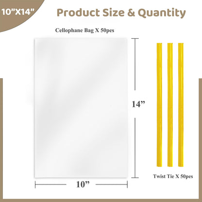 WIKDAY Cellophane Bags 50 PCS 10x14 Inches Clear Gift Gags with Ties Plastic Treat Party Favor Candy Bags for Gift Giving, Packaging Snack, Products