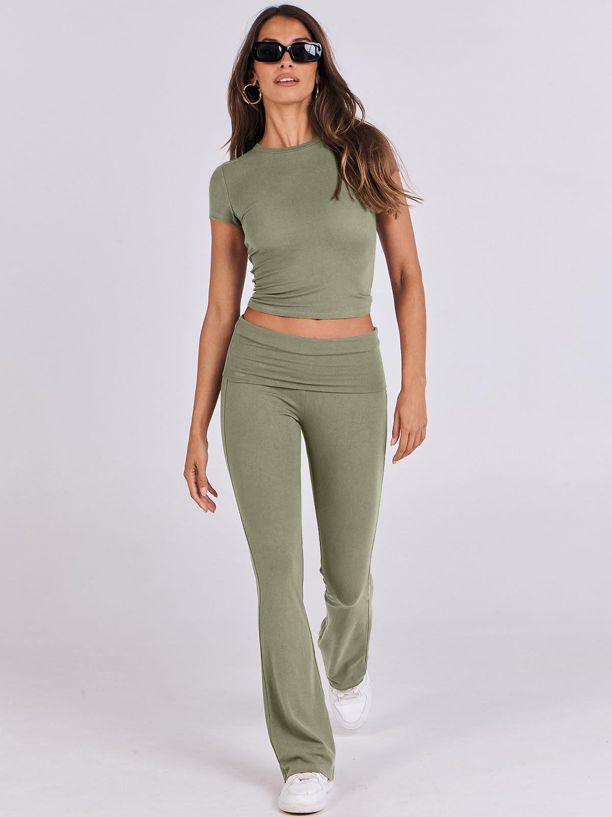 ANRABESS Lounge Sets for Women 2 Piece Foldover Yoga Flare Leggings Pants Crop Tops Casual Y2K Outfits Matching Tracksuit Set Olive Small