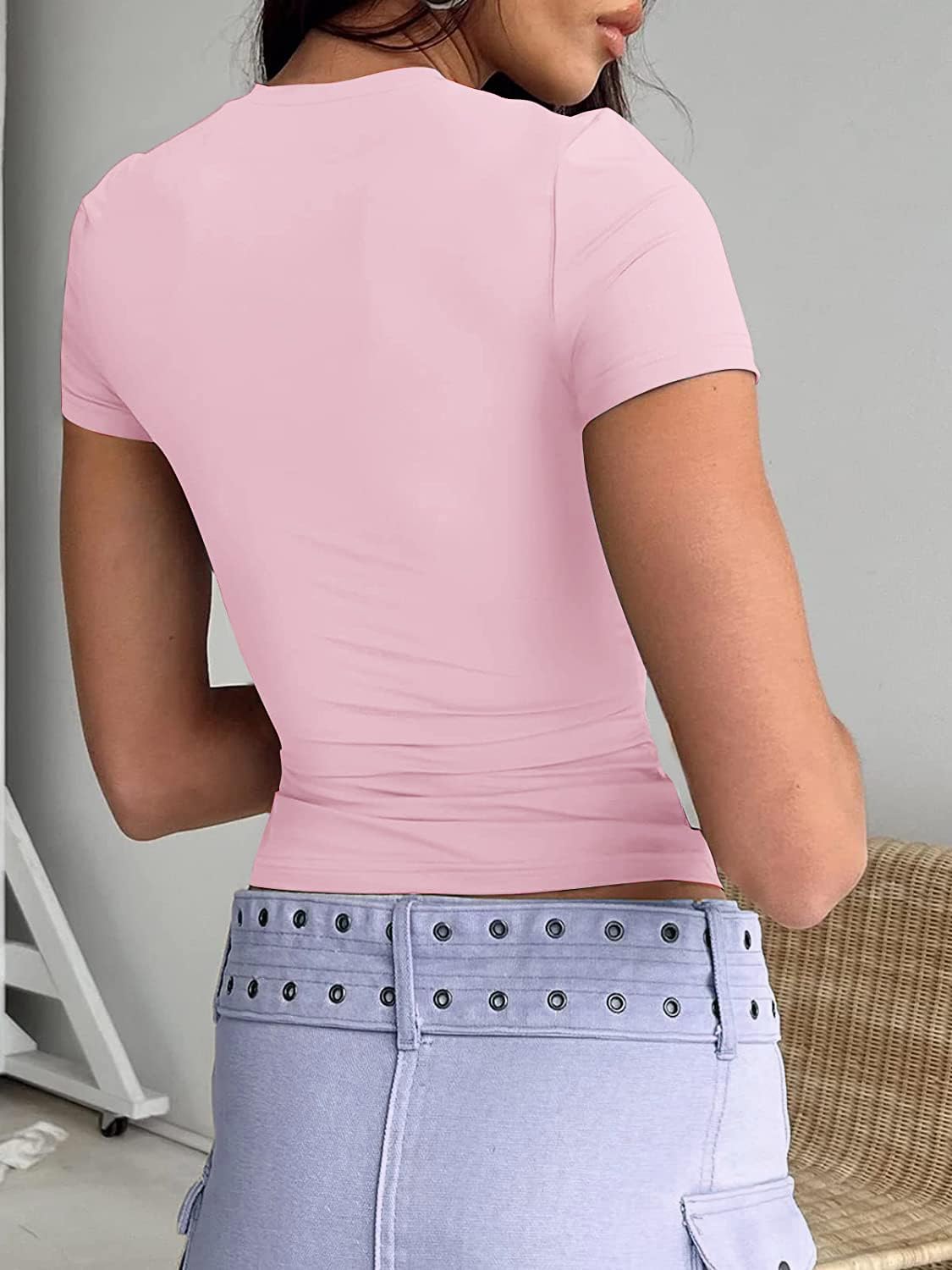 Abardsion Women's Casual Basic Going Out Crop Tops Slim Fit Short Sleeve Crew Neck Tight T Shirts 2025 (Light Pink, S)